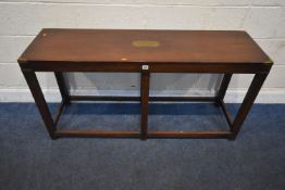 A REPRODUCTION MAHOGANY TABLE, with brass banding and a central plaque reading silver trees 1st