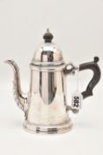 AN ELIZABETH II SILVER COFFEE POT, polished tapering form fitted with an ebonised handle and finial,