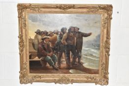 P H DUVAL (20TH CENTURY) WAITING ON THE SHORE, a group of fishermen are looking anxiously out to