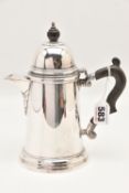 AN ELIZABETH II SILVER TEAPOT, polished tapering form fitted with an ebonised handle and finial,