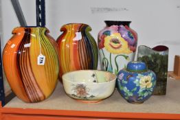 A GROUP OF ASSORTED VASES to include two Castellani striped cased glass vases of compressed form,