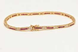 AN 18CT GOLD DIAMOND AND RUBY LINE BRACELET, designed as a series of calibre cut square rubies and