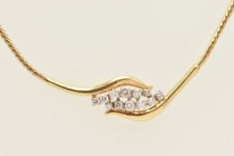 A YELLOW METAL DIAMOND PENDANT SNAKE CHAIN NECKLACE, fitted with a push piece barrel clasp,