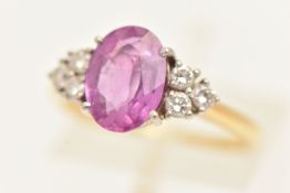 AN 18CT GOLD PINK SAPPHIRE AND DIAMOND RING, sapphire measuring approximately 9.4mm x 6.9mm x 3.3mm,
