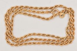 A 9CT GOLD ROPE TWIST CHAIN NECKLACE, fitted with a spring clasp, hallmarked 9ct Sheffield import,