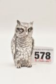 A SILVER MODEL OF AN OWL, realistically textured, hallmarked 'R S' Birmingham, approximate height
