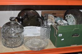 TWO BOXES AND LOOSE CERAMICS AND GLASSWARE to include a large Polish crystal cut lidded jar height