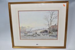 JOHN MACLAREN (ACTIVE 1881-1917) 'A FROSTY MORNING', a winter landscape with a shepherd feeding