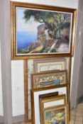 A SMALL QUANTITY OF DECORATIVE PICTURES ETC, to include a Ron Russell oil on board depicting a
