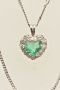 AN 18CT WHITE GOLD EMERALD AND DIAMOND HEART SHAPE CLUSTER PENDANT AND A 9CT WHITE GOLD CURB LINK