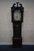 AN EARLY 20TH CENTURY OAK CASED 8 DAY LONGCASE CLOCK, with a brass eagle finial, flanked by a twin