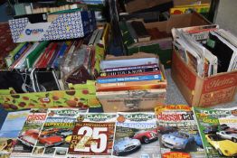 SIX BOXES OF BOOKS AND MAGAZINES to include a box of motoring and modelling magazines, 'The Story of