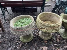 TWO CONCRETE PLANT POTS both with acanthus leaf detail to bowls, both 45cm in diameter and