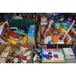SIX BOXES AND LOOSE VINTAGE TOYS to include a box of vintage wooden and chalk dolls house