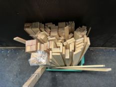 TEN TRAYS AND BOXES CONTAINING DOWEL, PINE SLATS AND HARDWARE including sanding belts and papers,