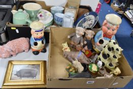 TWO BOXES OF CERAMICS, to include pig related ornaments, two vintage Highbank vases, Malita coffee