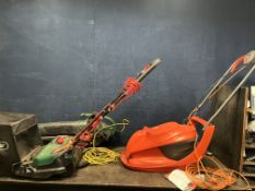 A FLYMO HOVERVAC 280 LAWN MOWER, a Qualcast electric cylinder mower with grass box and a Power Devil