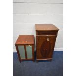 AN EARLY 20TH CENTURY MAHOGANY MEDIA CABINET, with a hinged lid over double cupboard doors, raised