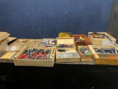 TEN WOODEN TRAYS AND BOXES CONTAINING TOOLS including Record, Screwfix, Rolson, and City clamps ,