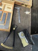 FOUR WOODEN BOXES AND TRAYS CONTAINING MARKING AND MEASURING EQUIPMENT including a Marples tri