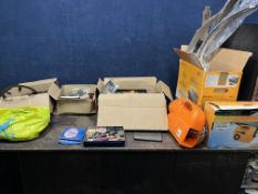 FOUR BOXES OF BICYCLE PARTS AND A RAC AIR COMPRESSOR, including front sprockets, mudguards, brake