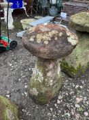 A RED SANDSTONE STADDLE STONE with top, total height 88cm, top diameter 46cm, Condition Report;