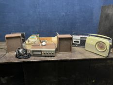 A TRAY CONTAINING VINTAGE AUDIO EQUIPMENT including a Realistic 8-track player, 18 tapes, a Ferguson