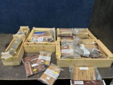 FOUR WOODEN TRAYS CONTAINING WOOD TURNERS PEN BLANS AND BRASS STOCK including hexagonal, round, flat