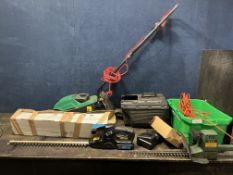 A QUALCAST ELECTRIC LAWN MOWER with grassbox, a MacAllister cordless hedge trimmer with one