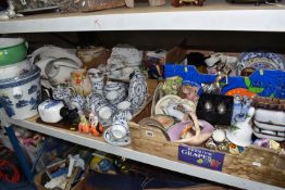 THREE BOXES AND LOOSE CERAMICS, to include a 19th century part tea set in a blue and white floral