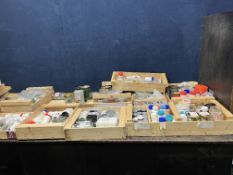 FIFTEEN WOODEN TRAYS CONTAINING HARDWARE including screw, bolts, nuts, fixings, washers etc