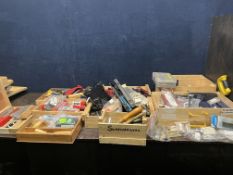NINE WOODEN TRAYS AND BOXES CONTAINING TOOLS including corner clamps, spring clamps, small bearings,