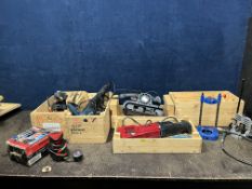 SIX POWER TOOLS IN WOODEN TRAYS including a Power Devil reciprocating saw, a Rockworth belt