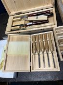 TWO WOODEN BOXES CONTAINING WOOD TURNING AND CARVING CHISELS makers include Record, Addis, Hamlet