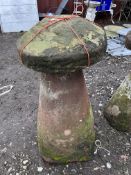 A RED SANDSTONE STADDLE STONE with top, total height 93cm, top diameter 43cm Condition Report; chips