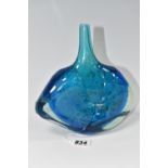 A MDINA 'FISH' OR 'AXE HEAD' VASE, 'blue crizzle' pattern, with applied clear strapping over the