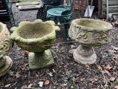 TWO CONCRETE PLANT POTS both with acanthus leaf detail to bowls, both 45cm in diameter and