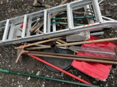A COLLECTION OF GARDEN TOOLS AND STEP LADDERS including a parasol base, 2 step ladders, forks,