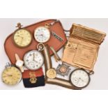 AN ASSORTMENT OF POCKET WATCHES AND ITEMS, to include a white metal , manual wind open face pocket