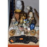 A GROUP OF MOSTLY OWL THEMED ORNAMENTS to include a John Beswick Parian ware sculpture of an owl,