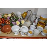 A LARGE COLLECTION OF PLANT POTS AND ORNAMENTS to include five chicken ornaments, an assortment of