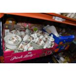 FOUR BOXES AND LOOSE OF MIXED CERAMICS, GLASS AND PLUSH TOYS to include one box of approximately