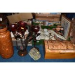 TWO BOXES AND LOOSE CERAMICS AND DECORATIVE ITEMS to include a group of Czech lustred tea ware