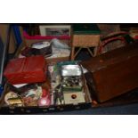 TWO BOXES AND LOOSE SEWING ITEMS AND COATS, to include a Dyson's Furriers fur coat, approximate size