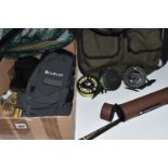 A BOX AND LOOSE FISHING EQUIPMENT, to include a Shakespear Imperial Carbon Fly 1727-270 rod, a