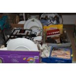 THREE BOXES OF GENERAL HOUSEHOLD ITEMS to include a part Colclough tea set, a part Royal Vale tea