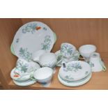 A TWENTY PIECE SHELLEY 'GREEN IRIS' PART TEA SET, pattern no 2376, comprising a cake plate, a milk