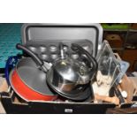 A BOX OF COOK WARES, to include a cast iron Victor cookery book stand, a Swiss Kuhn Rikon stove