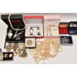 A BOX OF ASSORTED COSTUME JEWELLERY, to include a cultured baroque pearl necklace, a cultured