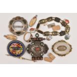 ASSORTED JEWELLERY, to include a gilt metal chalcedony and woven hair work brooch, a large white